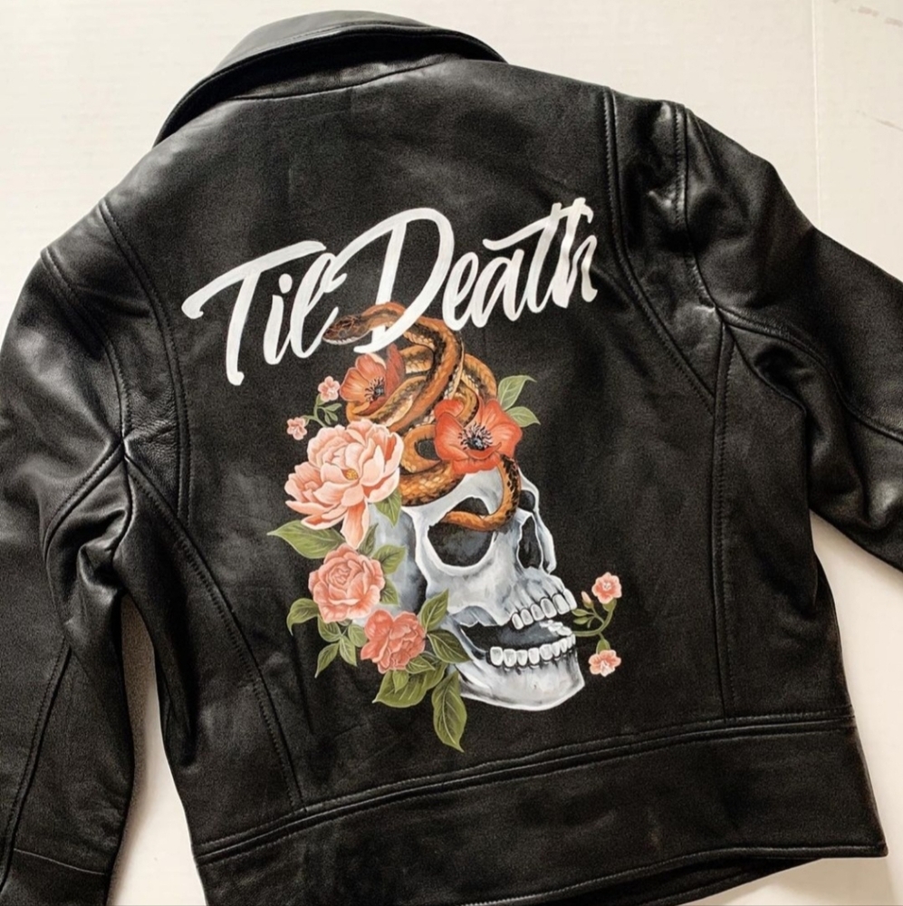 Custom Black Leather Jacket with Painted Skull and Floral Design